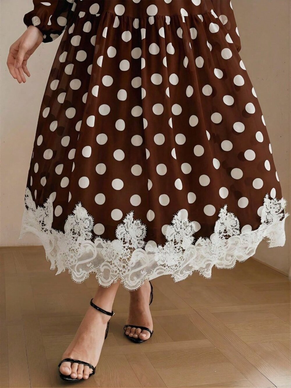 Coffee Elegant Women's Polka Dot Chiffon Lace Tie Waist Long Sleeve Dress - Picture 7 of 7